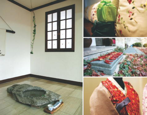 A tea room at the corner of Lee's dining room and her artworks