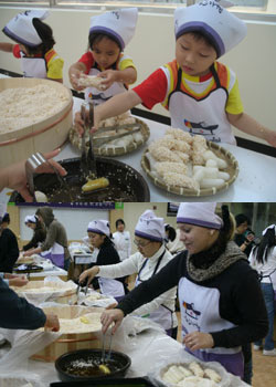 Children (above) and overseas tourists participate in hangwa making class.