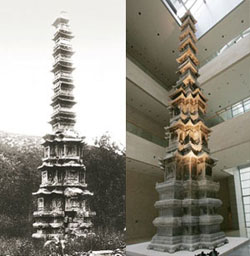 10-storied Gyeongcheonsa pagoda in 1904 (right) and the present pagoda at National Museum of Korea, after going through few years of reparation.