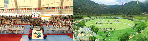 The opening ceremony of the first Taekwondo Expo (left) and bird's eye view of Muju World Taekwondo Park