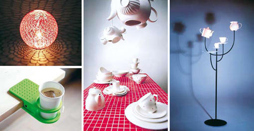 Kim Eun-young's lamp (above left), Kim Hyun-been's DrinKlip (below left), and other ceramic designs at the London design festival (Photos provided by designers and anotherceramic)