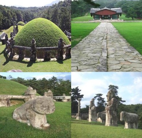 Starting clockwise, Yongneung (royal tomb of King Hyo-jong, 1619-1659), Uireung, the royal shrine of the tomb of King Gyeongjong (1688-1724) and stone statues in front of Yeongreung, below