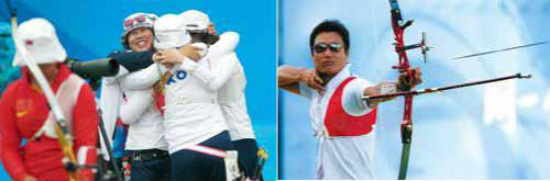 An archer (left) hugs her teammates at the 16th Asian Games. Park Kyung-mo(right) shoots at the 2008 Olympics.