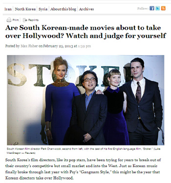 The Washington Post reports on the bright prospects of Korean-directed films in their February 25 edition.