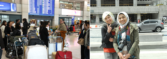 Korea has seen a continuous inflow of visitors this year as evidenced by the steady flow of arriving visitors at Incheon International Airport come out of the gate (left). Tourists from Malaysia said that there is nothing to be concerned about other than unexpectedly cold weather (right) (photos: Gonggam Korea). 
