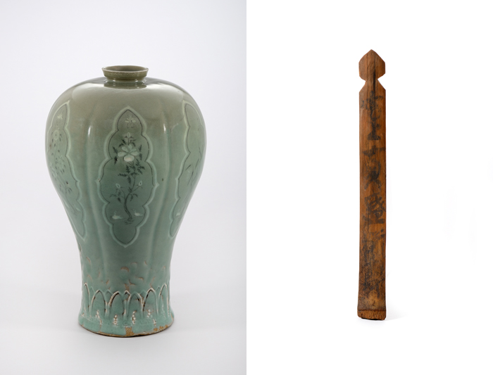 The bamboo tag (right) attached to the maebyeong inlaid celadon says the sesame oil-containing celadon was presented to Oh Moon-bu, a junior official of Jungbang.