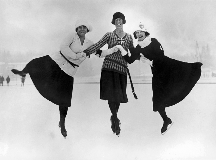 Three medalists in figure skating Ladies’ Singles at the 1924 Chamonix Winter Olympics: (from left) Herma Szabo of Austria (gold), Ethel Muckelt of the UK (bronze), and Beatrix Loughran of the U.S. (silver) (photo courtesy of Dong Gang Museum).