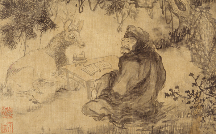 Noksuseongyeong (Teaching the Sacred Book to a Deer) by Jang Seung-eop, depicting a deity sitting under the shade of a pine tree giving holy teachings to a deer.