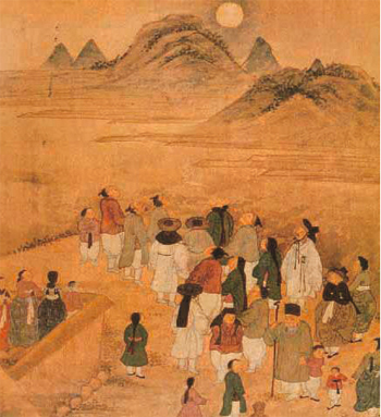 Farmers greeting the moon on Daeboreum, the fifteenth day of the first lunar month, from the eight-paneled folding screen “Gyeonjikdo,” or “Picture of Farming Crops and Silkworms.” Author unknown. 