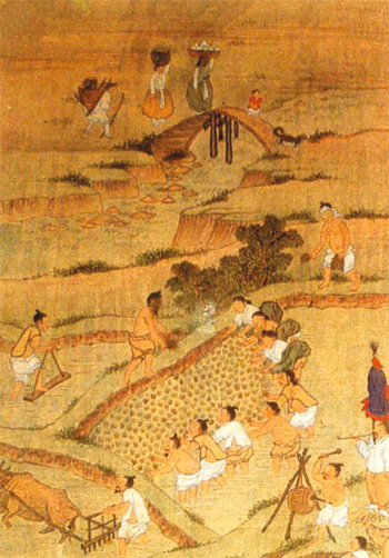 A scene of farmers and housewives carrying alcohol and food, from the eight-paneled folding screen “Gyeonjikdo,” or “Picture of Farming Crops and Silkworms.” Author unknown.