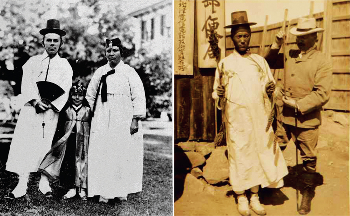 (Left) Hats of a family on a picnic; (right) A Korean wearing his gat and hanbok and a Westerner wearing his felt hat and boots. 