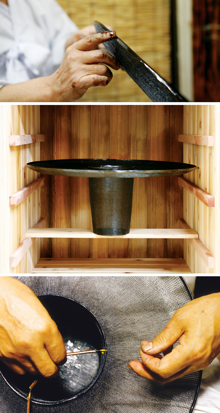(Left) Finishing the lacquer coating on the cheoldae by hand; (Middle) The gat on its upside down drying shelf in the chilijang; (Bottom) Attaching the jukryeong, or straps. 