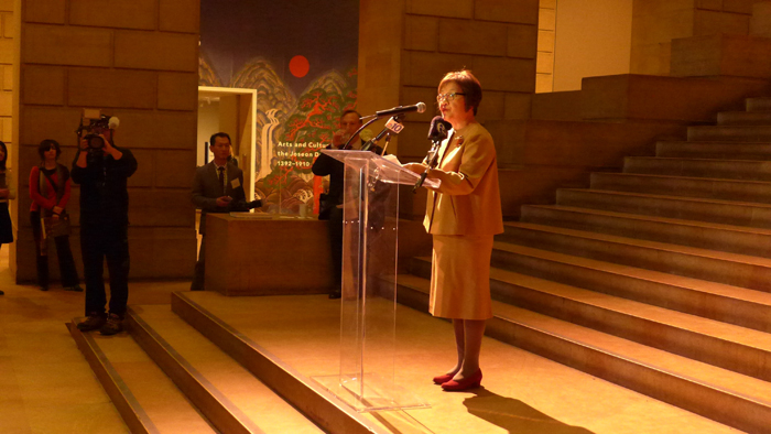 NMK Director Kim Young-na gives a congratulatory speech at the opening of the new Joseon-era art exhibition.
