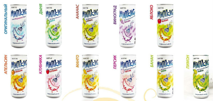 Milkis is offered in eleven different fruit flavors in the Russian market. (photo courtesy of Lotte Chilsung) 