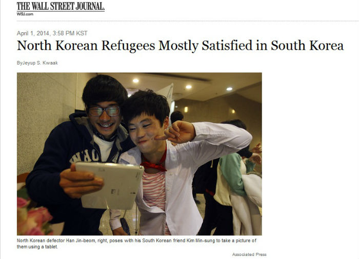 On April 1 the WSJ reported that more than 70 percent of North Korean defectors are satisfied in South Korea. (captured image of the WSJ blog) 