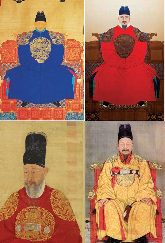(Top, left) 1. King Taejo (r. 1392-1398); (Top, right) 2. King Sejong The Great (r. 1418-1450); (Bottom, left) 3. King Yeongjo (r. 1724-1776); (Bottom, right) 4. Emperor Gojong (r. 1863-1907)