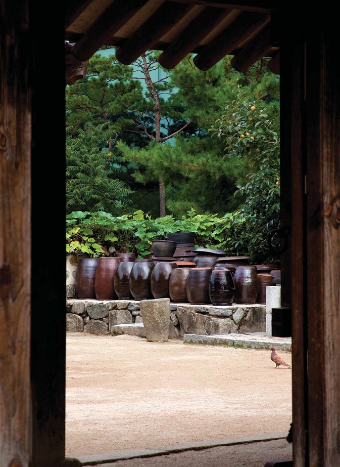 A glimpse into the traditional home, with its jangdokdae filled with onggi pottery urns. 