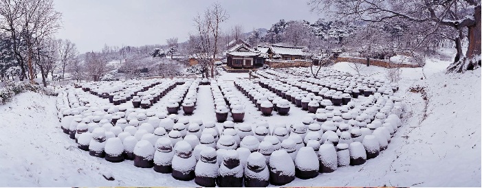 A traditional winter scene shows a field of urns and crocks, all storing food for the winter, on the terraces of a traditional home in Nonsan, Chungcheongnam-do. 
