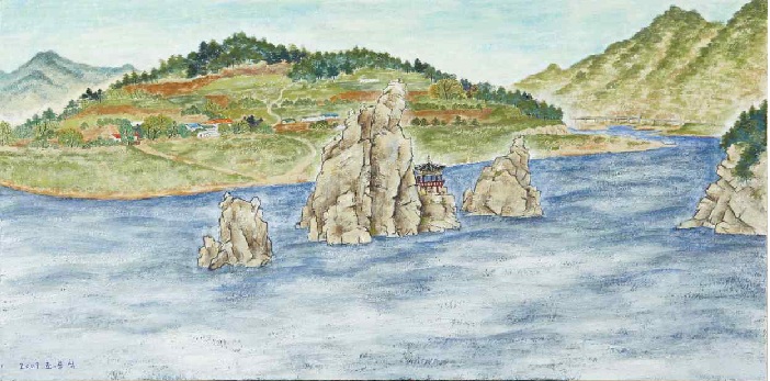 Present day painter Jo Yong-sik's Dodamsambong Peaks (2000). The biggest difference between works from Joseon times and those of today is the elaborate and detailed background. (photo courtesy of the Cheongju National Museum
