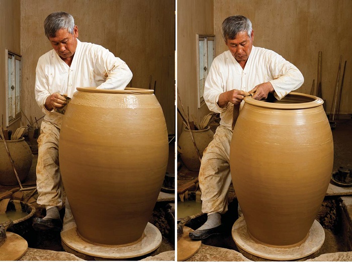 (35) The artisan uses a geungae to trim to top of the almost-finished urn. (36) The craftsman uses a strip of cloth or leather to smooth the upper lip of the urn. 