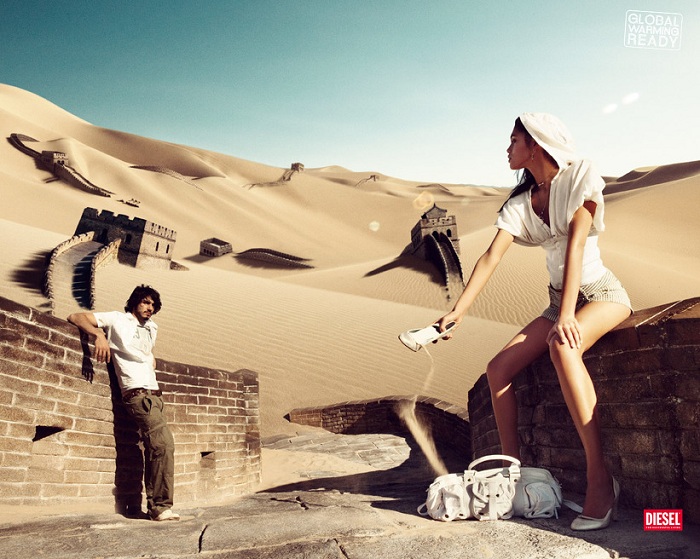 This advertisement was created by Diesel for World Day to Combat Desertification and Drought. It attempts to deliver an important message that desertification can possibly bring loads of sand to cover the entire Great Wall of China. It is expected to bring awareness of the importance of environmental protection.