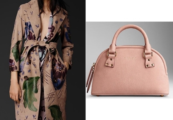 A trench coat with a colorful bold print is matched with a pastel handbag.