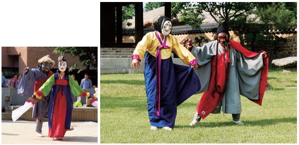 (Left) An apostate monk scene from Hahoe's traditional mask dance; (right) An apostate monk scene from the Bongsan-area mask dance.