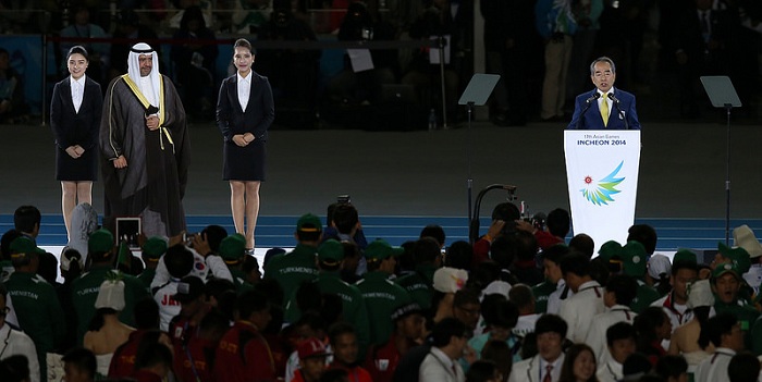The president of the organizing committee, Kim Young-soo, delivers a congratulatory speech during the closing ceremony, where he stressed that we reaffirmed the friendship during the sport festival.