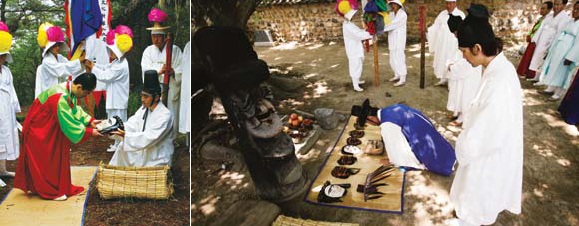 (Left) A rite is performed to hand over the masks to the clowns; (right) Mask rites take place at a shrine. 