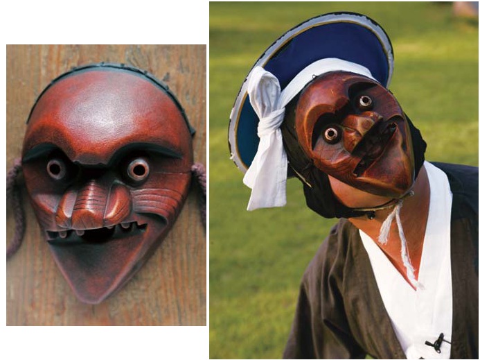 (Left) The nobleman's servant mask is part of Hahoe's shamanic mask dances; (right) The nobleman's servant speaks for all members of the lower classes.