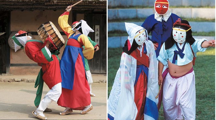 (From left) A scene from the Songpa Sandae Nori - Aesadang playing a drum; Yangju Byeolsandae Nori - Waejangnyeo 