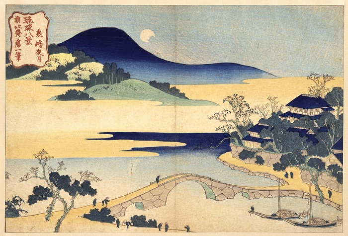 "A Moon in Izumizaki," from the Tokyo National Museum. This woodblock print is one of the eight beautiful landscape paintings by Katsushika Hokusai (1760-1849), the well-known <i>ukiyo-e</i> artist, a genre of print and painting that developed in the Edo period.