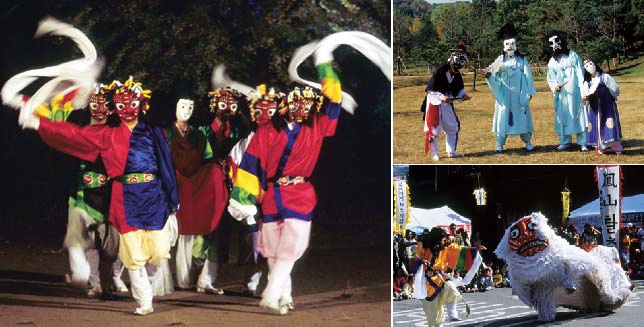 (Left) The Dance of Nojang from the Bongsan mask dance. Somu rides in a sedan chair; (right, above) The noble brothers and Malddugi from the Bongsan mask dance; (right, bottom) The lion dance from the Bongsan mask dance: the dance of Mabu and the white lion. 