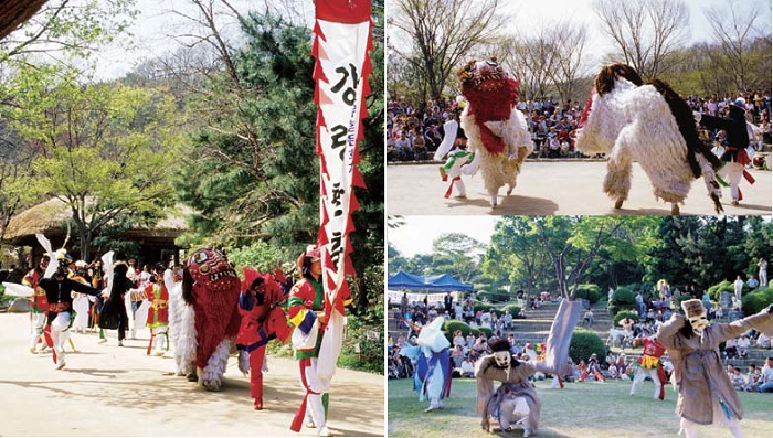 (Left) Performers participate in a street parade preceding the Gangnyeong mask dance; (right, above) The lions’ dance from the Gangnyeong mask dance; (right, bottom) The noblemen’s dance from the Gangnyeong mask dance. 