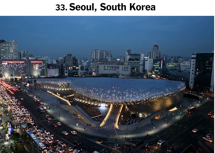 Seoul was included in a list of 52 cities and countries that the NYT recommends readers visit in 2015. Pictured is a view of the Dongdaemun Design Plaza lit at night. 