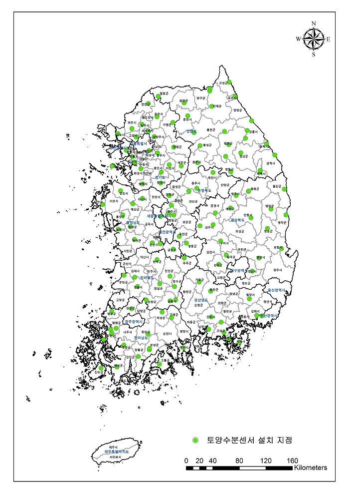 The map provided by the RDA indicates with green dots locations of soil moisture detectors nationwide.