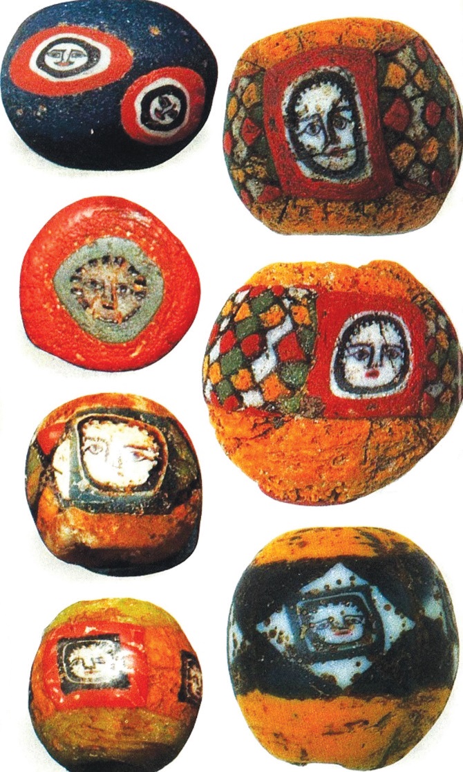 Some beads found in the Mediterranean Basin are painted with a human face (1,000 B.C.-A.D. 1,000).