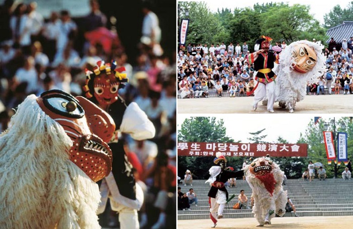 (Left) The lion dance as part of the Bongsan mask dance; (right, top) The lion dance as part of the Eunyul mask dance; (right, bottom)The lion dance as part of the Gangnyeong mask dance.