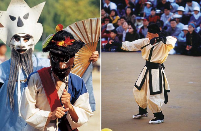 (Left) The nobleman and the servant, from the Aewonsong dance; (right) The sword dance. 