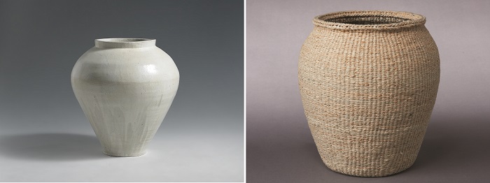 (Left) The <i>Deombeong Bunchung</i> jar by Park Sung Wook. (Right) A woven paper jar by Lee Young Soon.