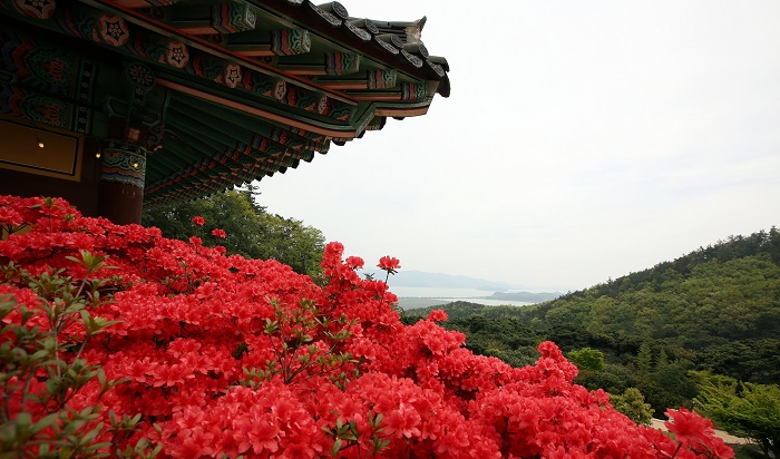 Gangjin County can best be explored in spring when it is covered with flowers. Pictured is a view of Gangjinman Bay as seen from Baekryunsa Temple on Mandeoksan Mountain.