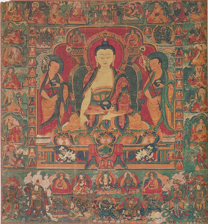 Painting of the Sakyamuni Triad and 16 arhats. 16-17th century. Tibet. Buddha is shown in the center and is surrounded by his disciples.