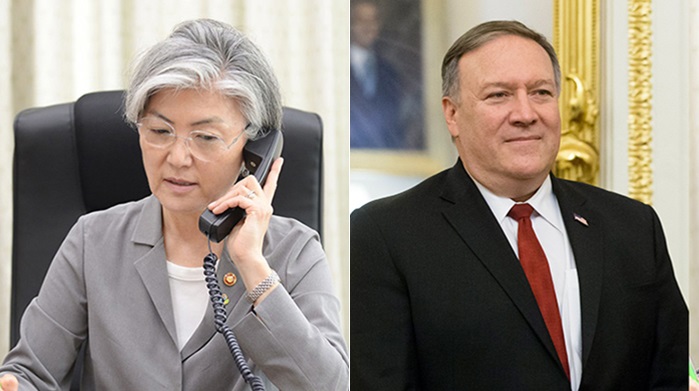 강경화 외교부 장관(오른쪽)과 마이크 폼페이오 미 국무장관은 16일 전화통화를 갖고 북한의 남북고위급회담 연기 통보에 대해 논의했다. 외교부