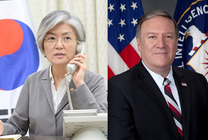 강경화 외교부 장관(왼쪽)과 마이크 폼페이오 미국 국무장관은 1일 전화협의를 갖고 북미 실무접촉 결과를 공유했다. 외교부