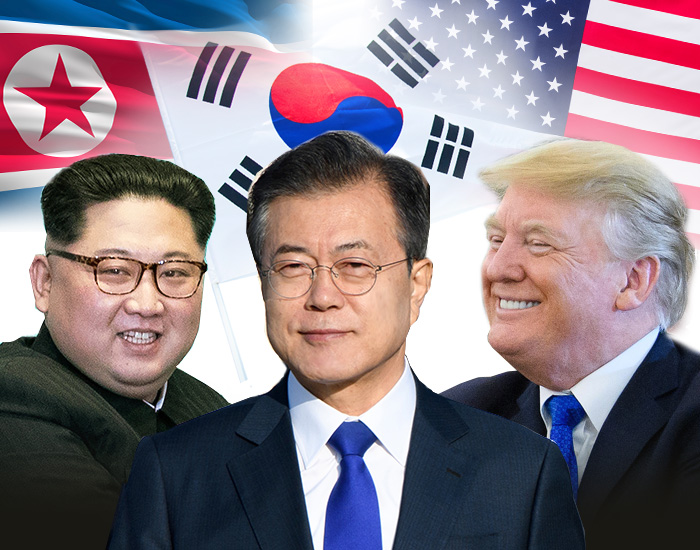 문재인 대통령(가운데), 김정은 북한 국무위원장(왼쪽)과 도널드 트럼프 미국 대통령. 코리아넷