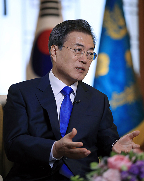 President Moon Jae-in emphasizes that inter-Korean cooperation should become trilateral cooperation that involves Russia, during a joint interview with Russian media outlets on June 20.