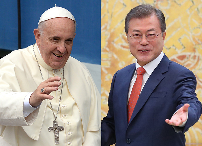 President Moon Jae-in (right) will pay a visit to European countries from Oct. 13 to 21.While in Europe, the president will pay an official visit to the Holy See to meet Pope Francis and reaffirm the support from the Vatican. (Yonhap News)