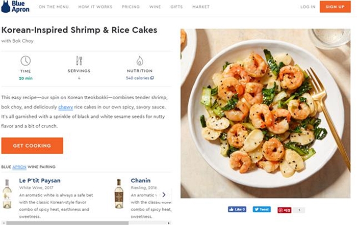 For its Meal Kit service in the United States, Blue Apron introduces Korean-inspired Shrimp & Rice cakes. (Blue Apron)