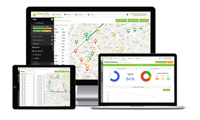 The waste management platform CleanCityNetwork (CCN) of Ecube Labs is the company’s core technology that allows real-time monitoring of accumulated waste volume via personal computer, tablet PC or mobile device. The CCN also informs users of the shortest routes for waste collection.  (Ecube Labs homepage)