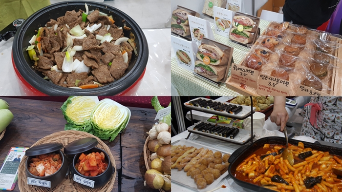 (Counterclockwise from top left) Bulgogi made of soy meat, vegan kimchi, <i>tteokbokki</i> (rice cake in spicy red sauce), and vegan sandwiches and desserts are sold at the first Vegan Festa on Jan. 25 at aT Center in Seoul.